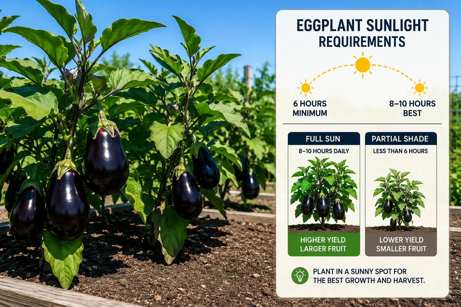 Eggplant plants fruiting in full sun beside a chart showing six hours minimum and eight to ten hours of direct daily light for best yield