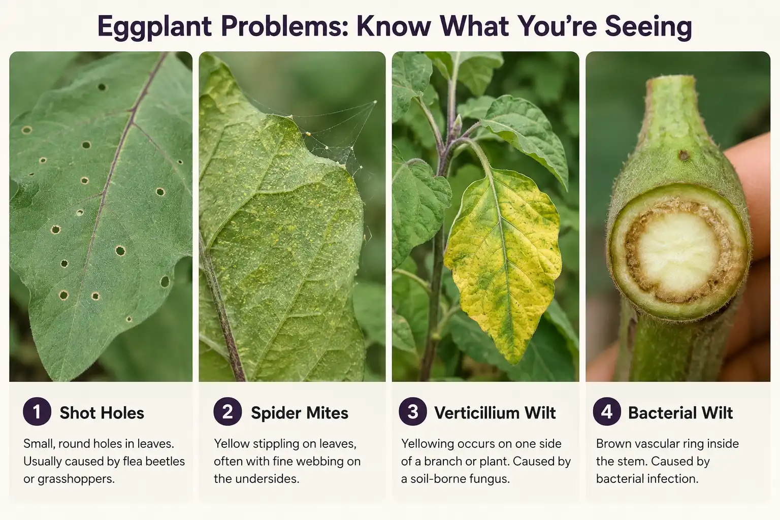 Four panels of eggplant leaves showing flea beetle shot holes, spider mite stippling with webbing, one sided branch yellowing, and a cut stem with a brown ring inside