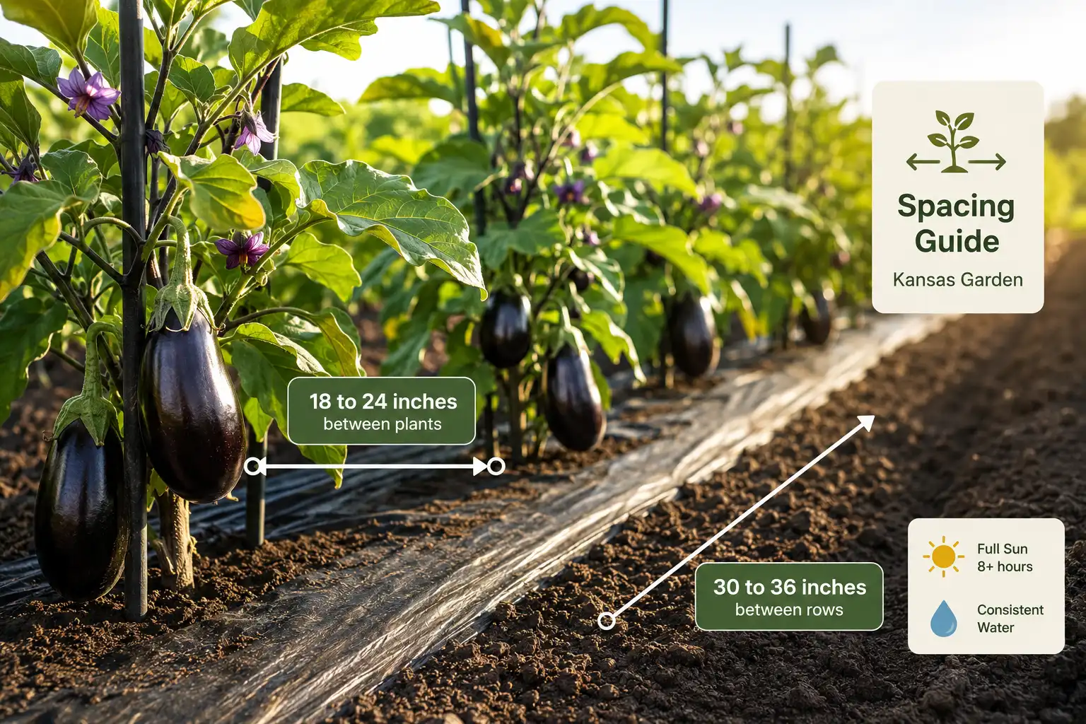 Eggplant row with measurement arrows showing plants set 18 to 24 inches apart and rows spaced 30 to 36 inches wide