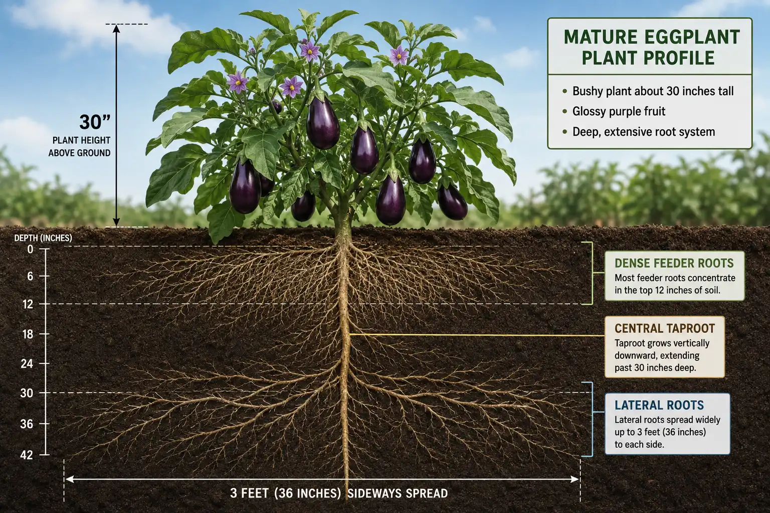 Soil cross section showing an eggplant taproot descending past 30 inches with feeder roots concentrated in the top 12 inches and laterals spreading 3 feet