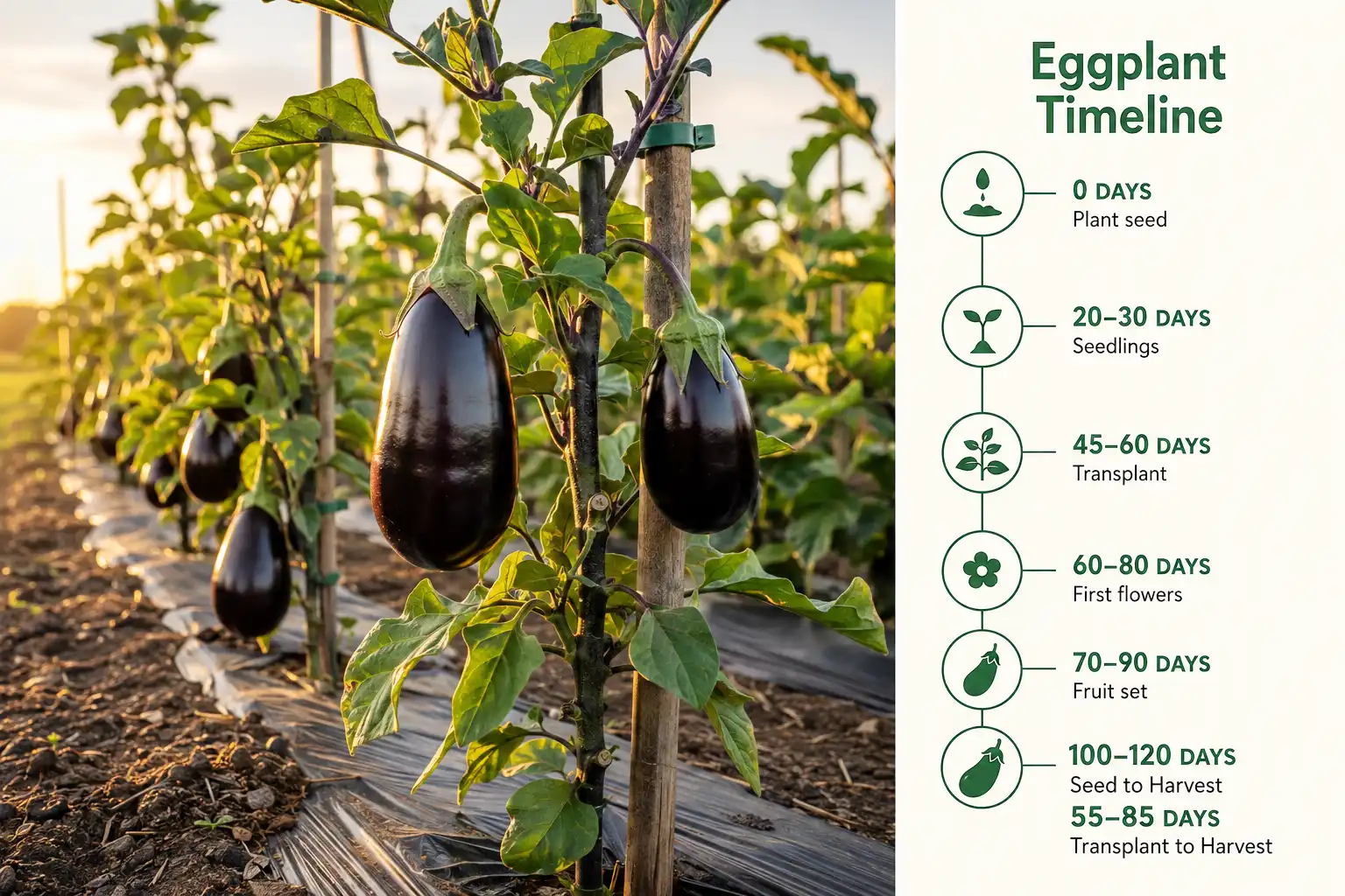 Ripe purple eggplants on staked plants beside a timeline panel showing 100 to 120 days from seed and 55 to 85 days from transplant.
