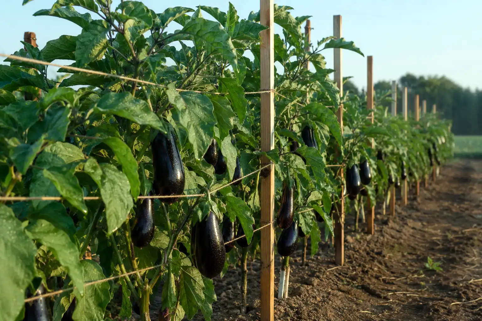 Mature eggplant row supported by stakes and basket weave twine holding fruit laden branches upright