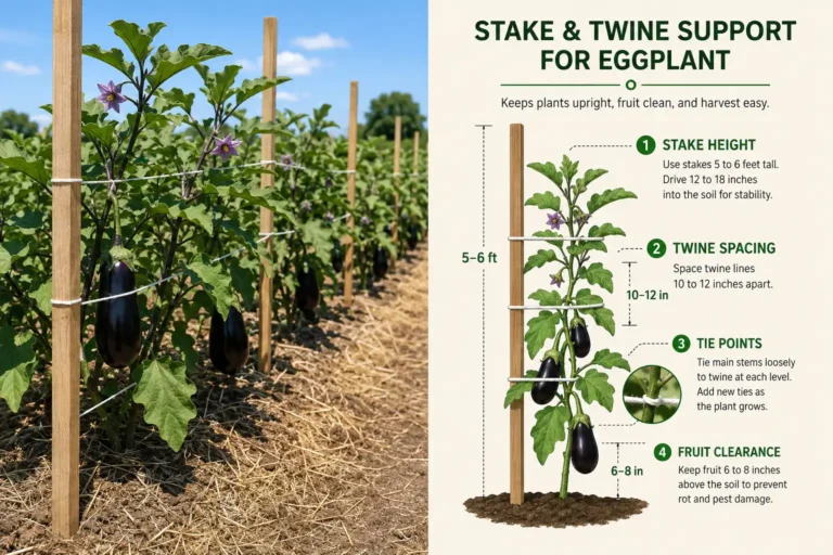 Eggplant plants supported by wooden stakes and two lines of woven twine, with callouts marking stake height, twine spacing, and fruit hanging clear of the soil.