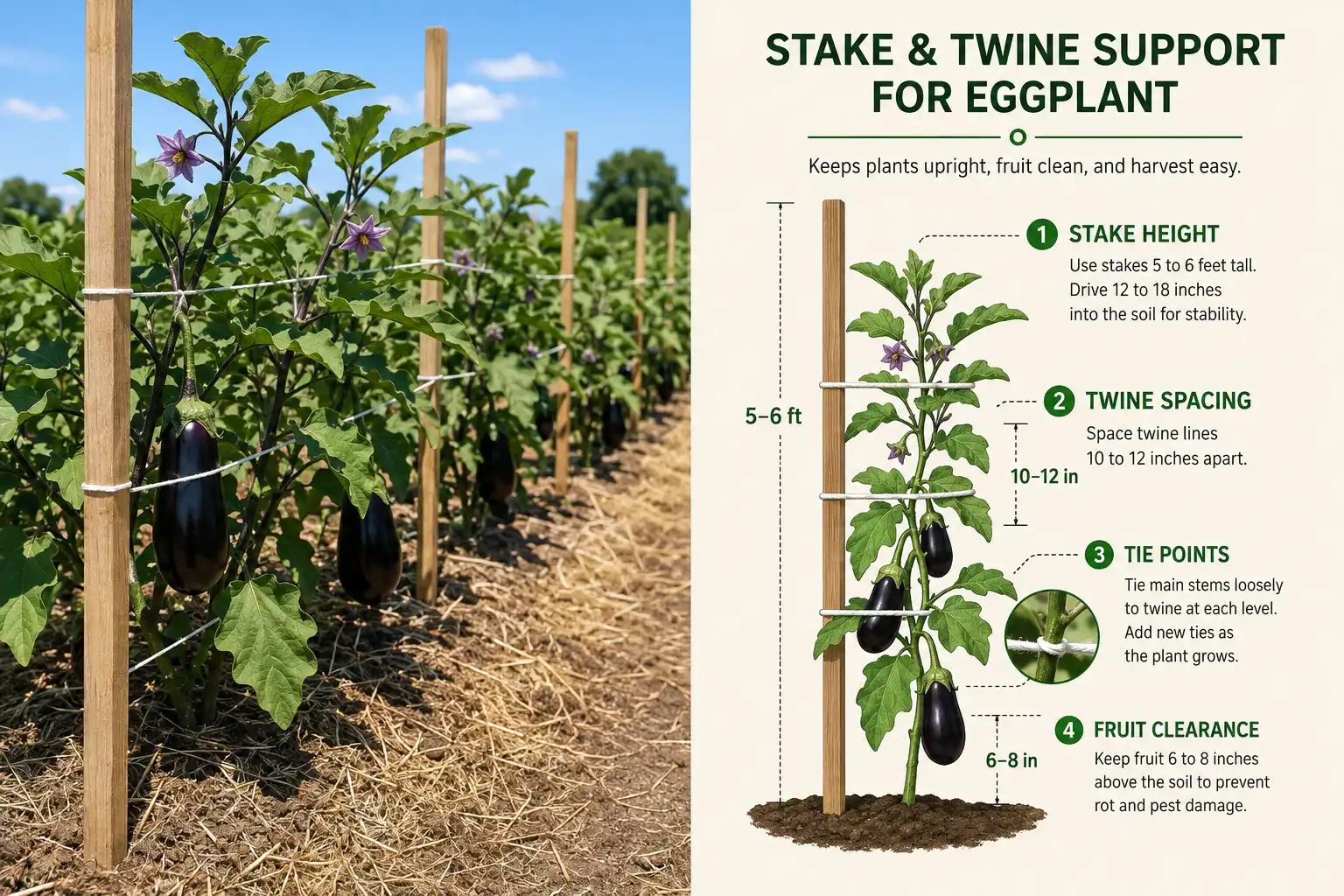 Eggplant plants supported by wooden stakes and two lines of woven twine, with callouts marking stake height, twine spacing, and fruit hanging clear of the soil.