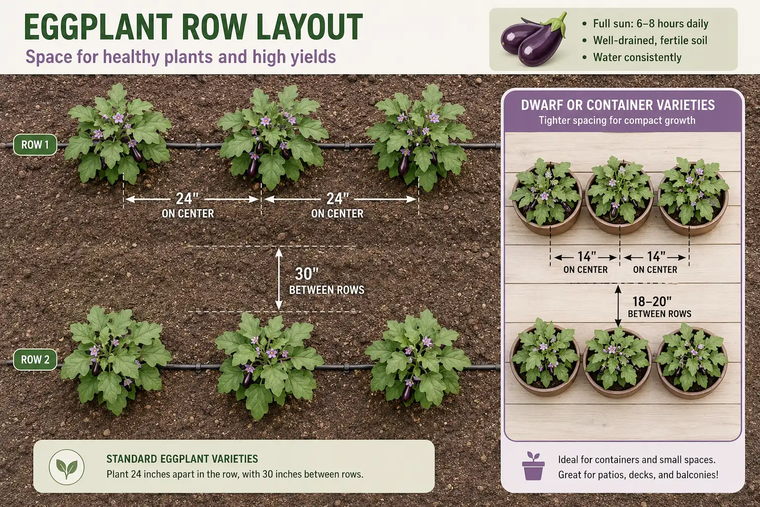 Diagram of eggplant spaced 24 inches apart in rows 30 inches wide with tighter spacing for dwarf varieties