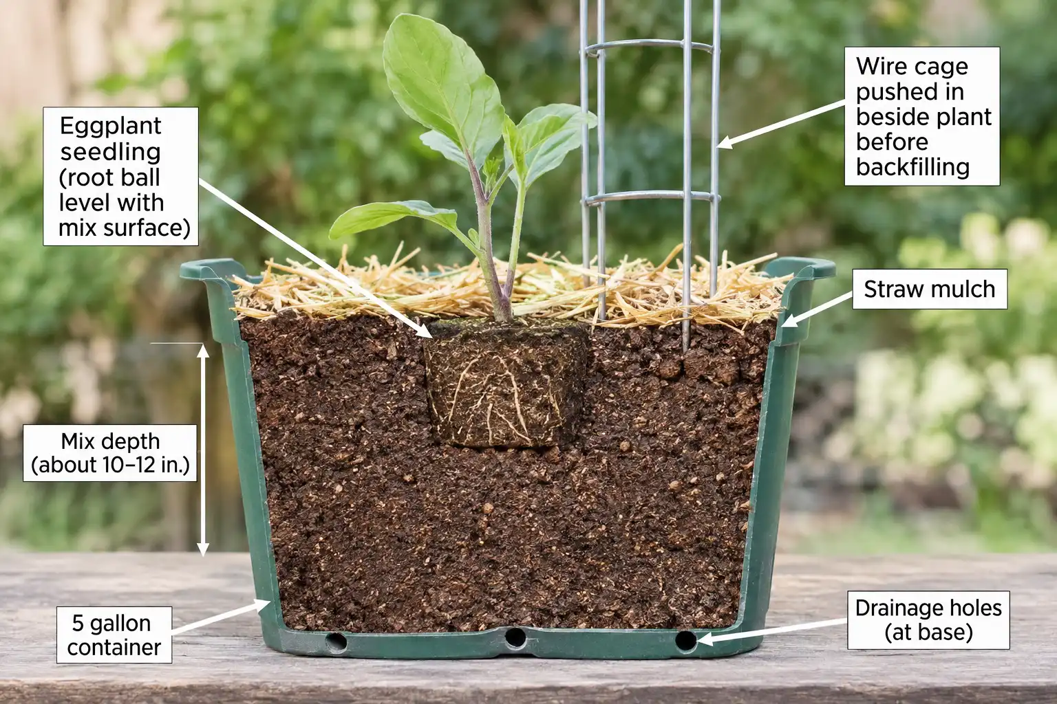 Cutaway container showing an eggplant seedling set level with the mix, a cage installed at planting, and straw mulch across the surface.