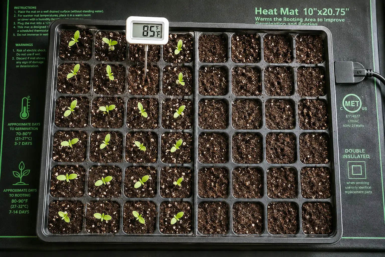 Eggplant cotyledons breaking the surface in a seed tray on a heat mat with a probe thermometer reading 85 degrees.