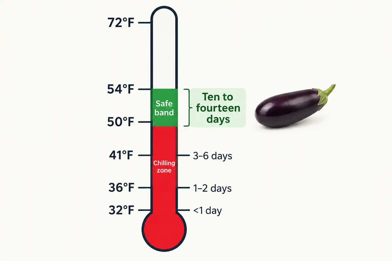 Vertical temperature chart showing eggplant holding ten to fourteen days at 50 to 54°F, with chilling injury appearing within eight days at 41°F and within two days at 32°F