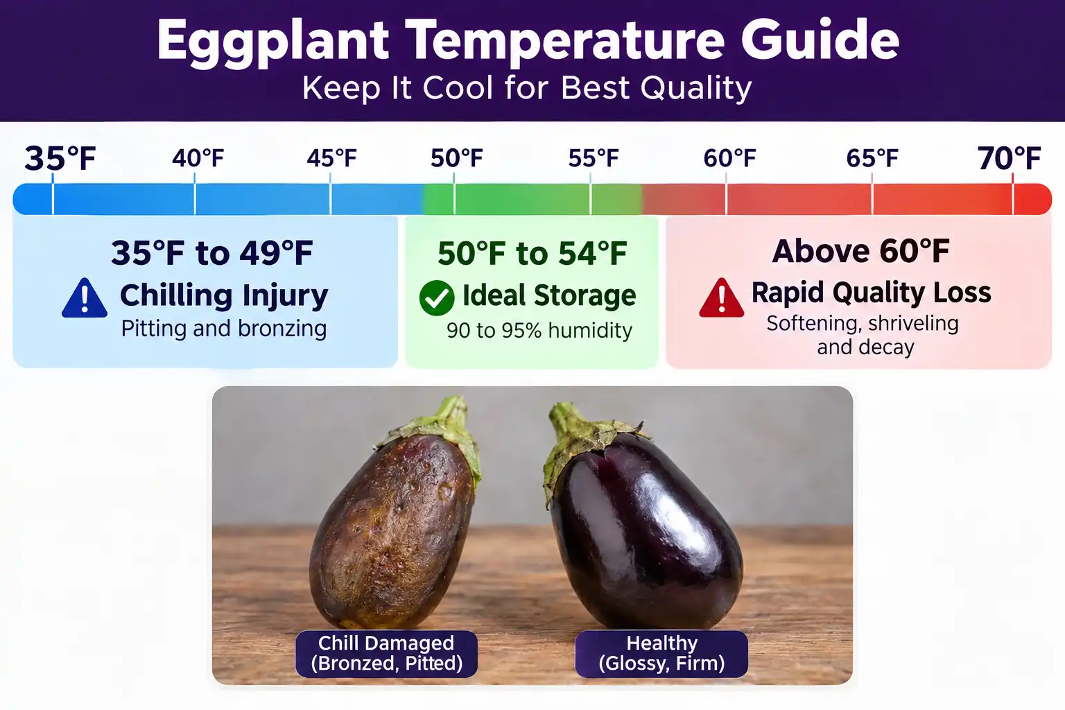 Eggplant stores best at 50°F to 54°F with high humidity, while temperatures below 50°F cause chilling injury such as pitting and bronzing.