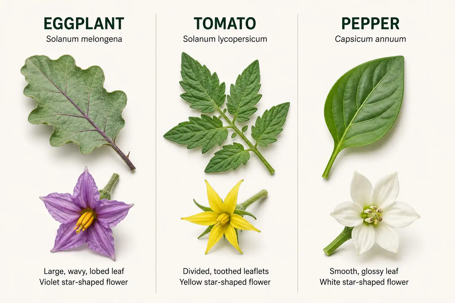 Three column chart comparing an eggplant lobed fuzzy leaf with violet flower, a tomato toothed leaflet with yellow flower, and a pepper glossy leaf with white flower