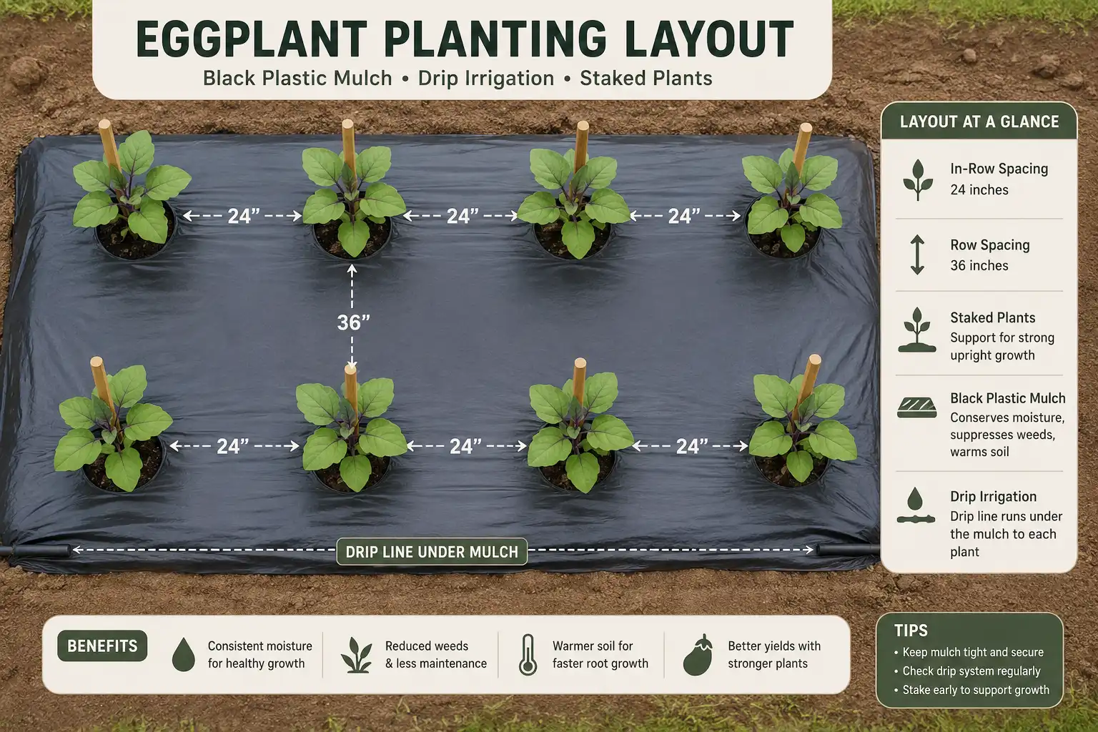 Top down diagram of eggplant transplants set 24 inches apart in rows 36 inches apart on black plastic mulch with a drip line and stakes.