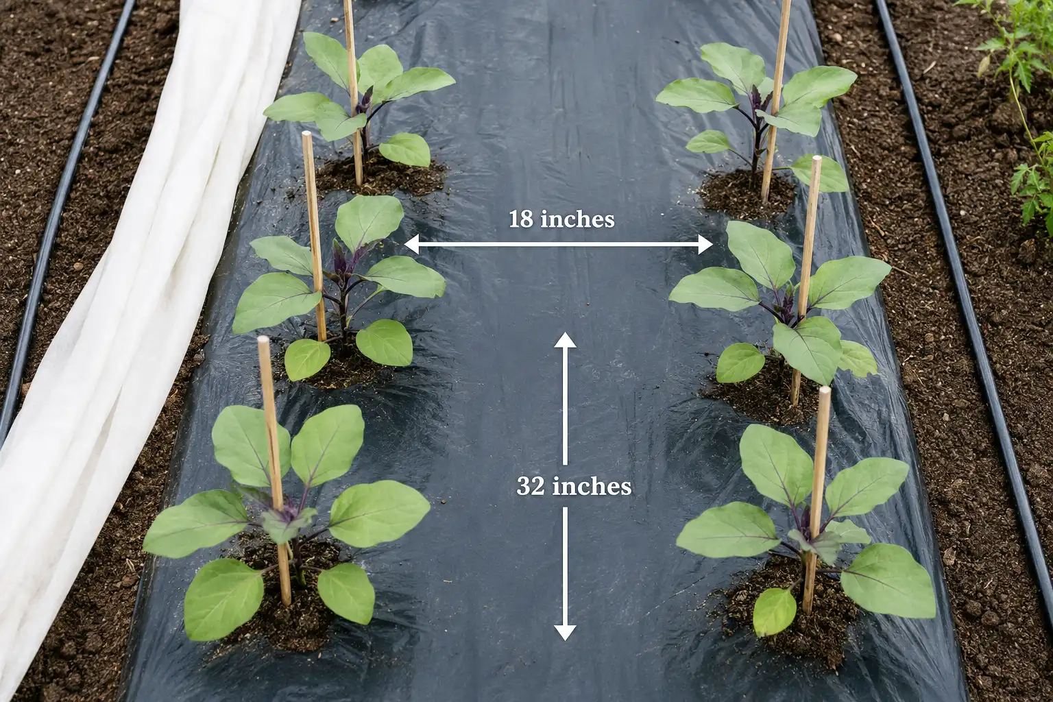 Garden bed of eggplant transplants on black plastic with arrows marking 18 inch plant spacing and 32 inch row spacing plus stakes and row cover