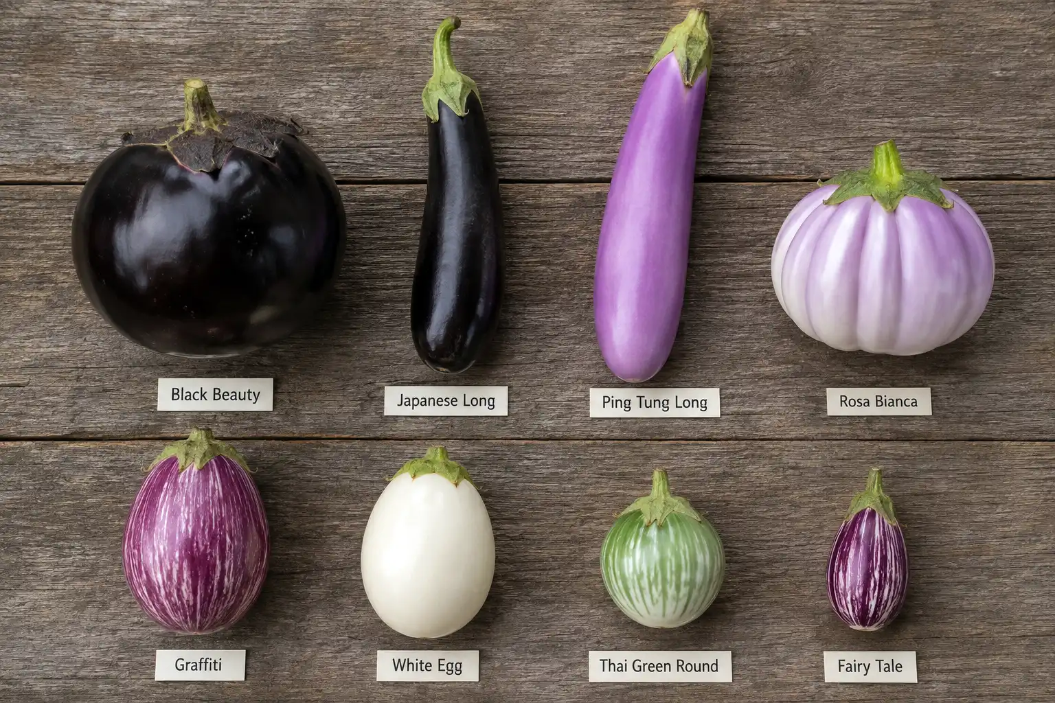 Eight eggplant fruits laid out overhead showing large purple globes, long slender purple, lavender white round, purple striped, ivory white, and small green streaked shapes