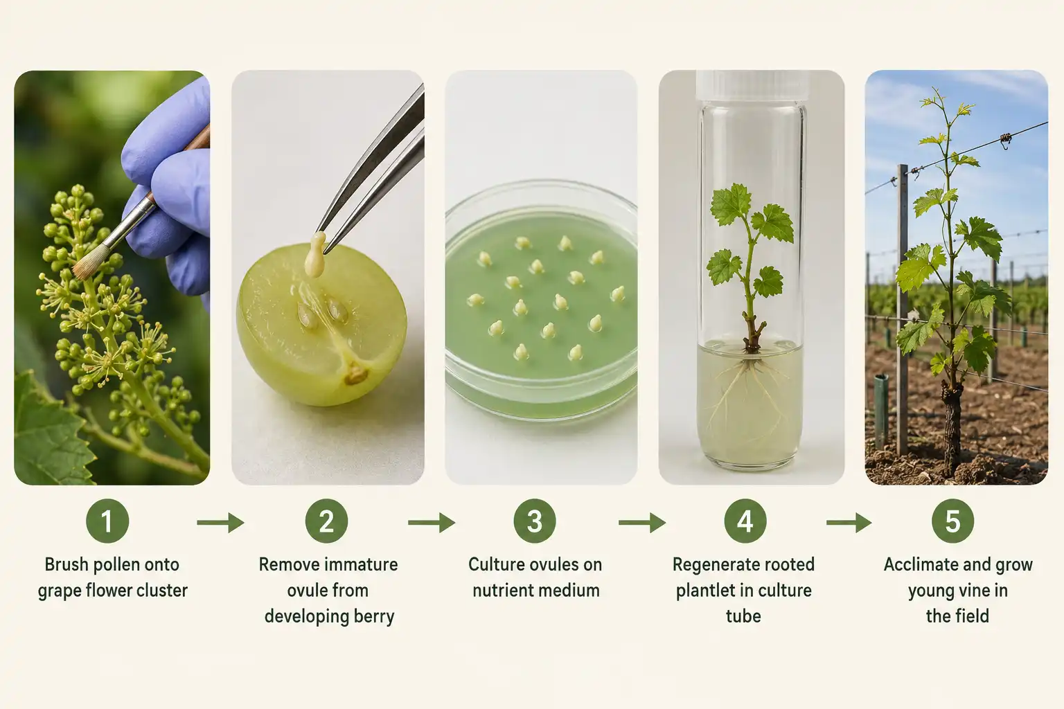 Breeders hand pollinate two seedless vines, cut immature ovules from the berry, culture them on nutrient media, and grow rooted plantlets for field testing