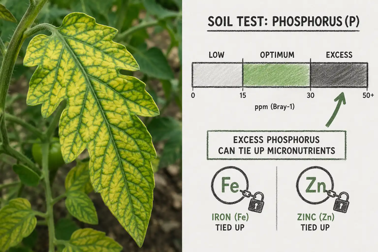 Yellowing between leaf veins caused by excess soil phosphorus, with a chart showing phosphorus above the optimum range locking up iron and zinc.