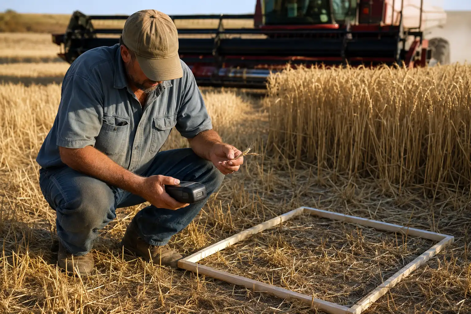 Checking harvest readiness means testing grain moisture, thumbnailing kernels, and counting dropped kernels in a square foot frame to keep losses under 2 percent