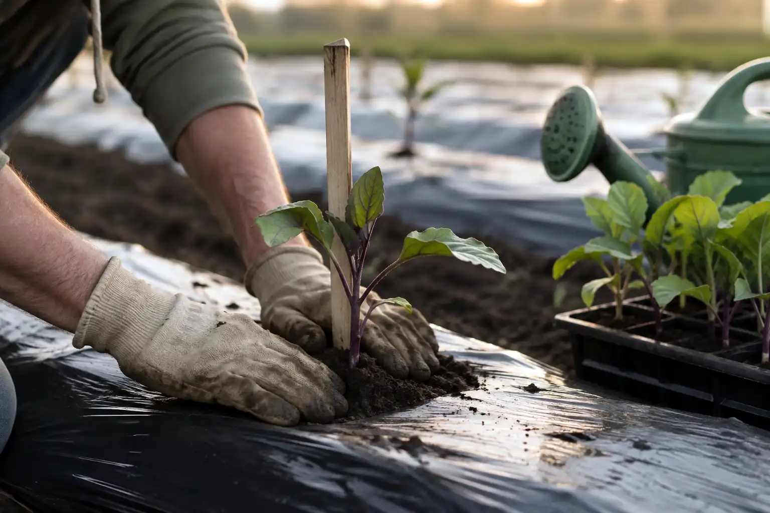 Eggplant transplant set at the correct depth through black plastic mulch with a support stake driven in at planting time