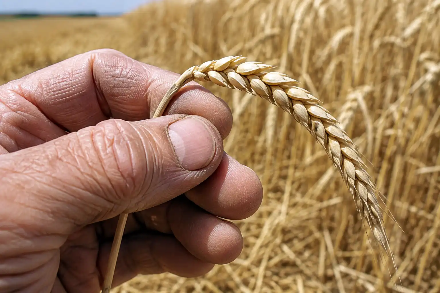 Ripe Kansas wheat shows heads nodding over, tan straw at the top node, and kernels that crack sharply under a thumbnail instead of denting