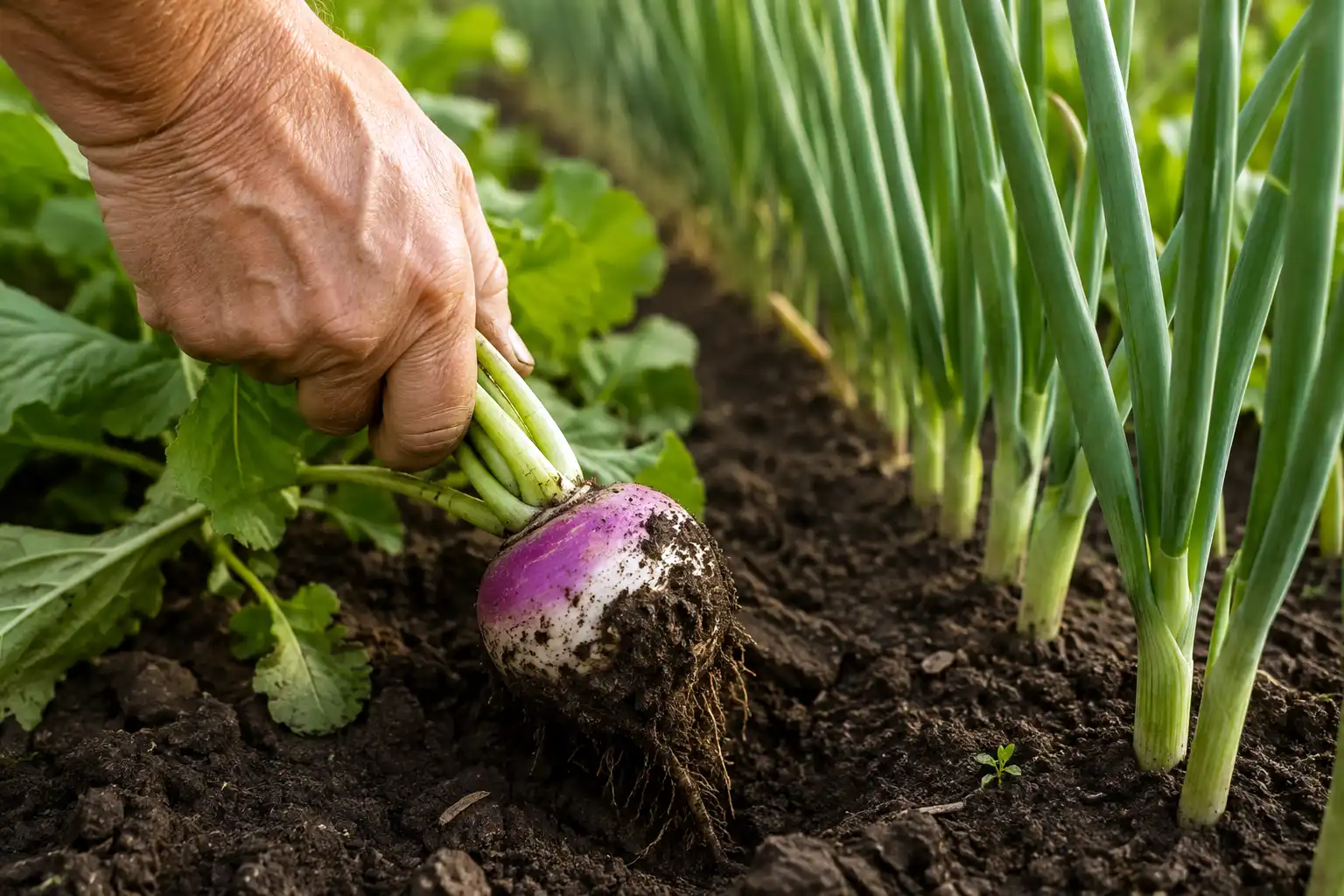 Pulling turnips with a twist from damp soil keeps the shallow onion roots beside them intact and the soil surface flat