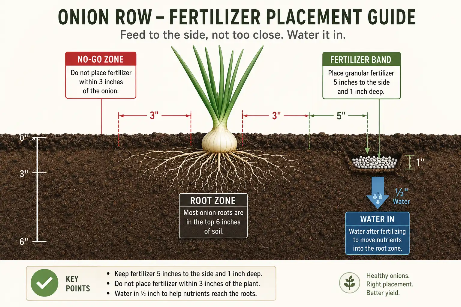 Cross section of an onion row with granules banded five inches out and one inch deep, a red no go zone within three inches of the plant, and an arrow for watering in.