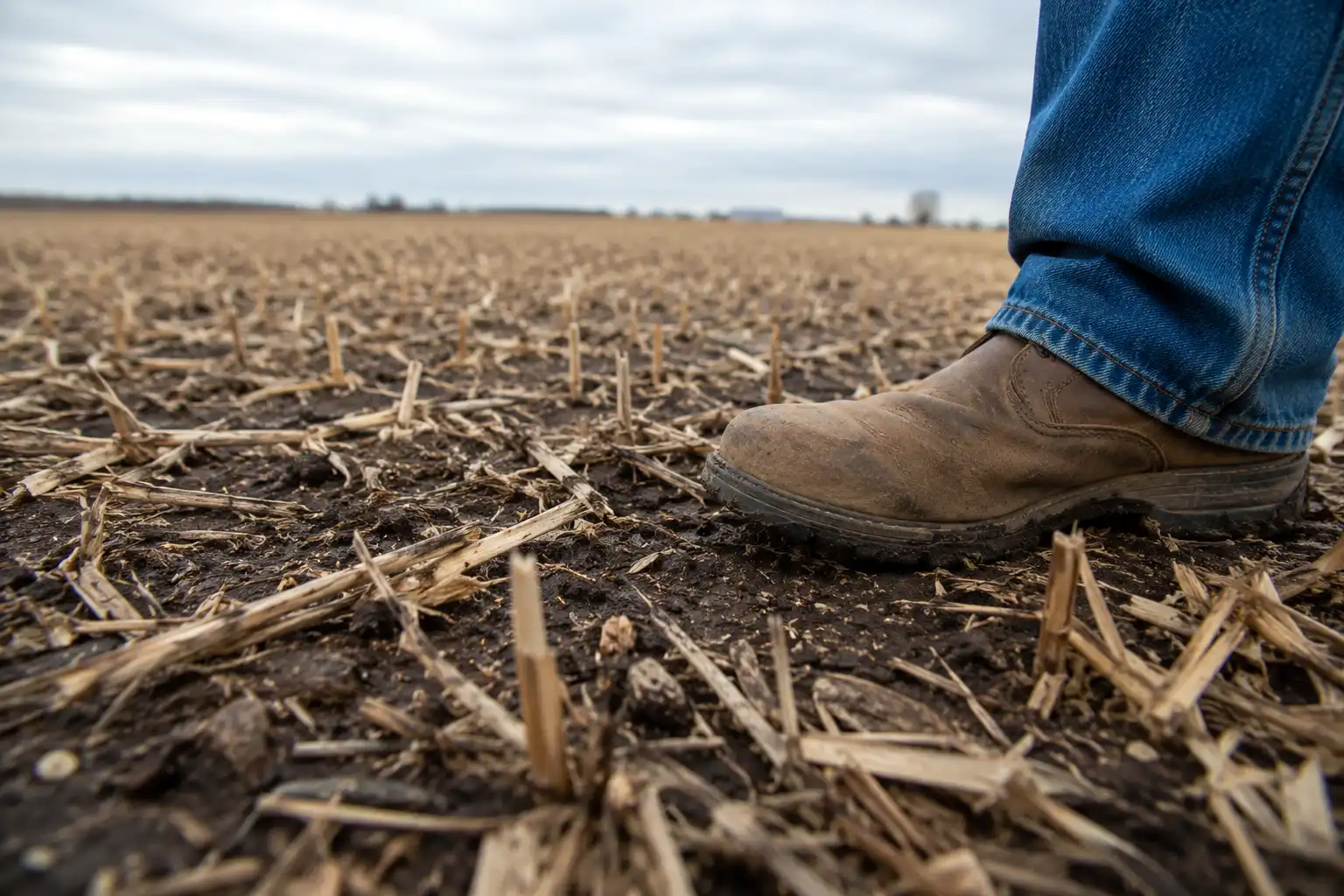 Firm moist soil under evenly spread soybean stubble, the seedbed condition wheat needs for consistent seed to soil contact