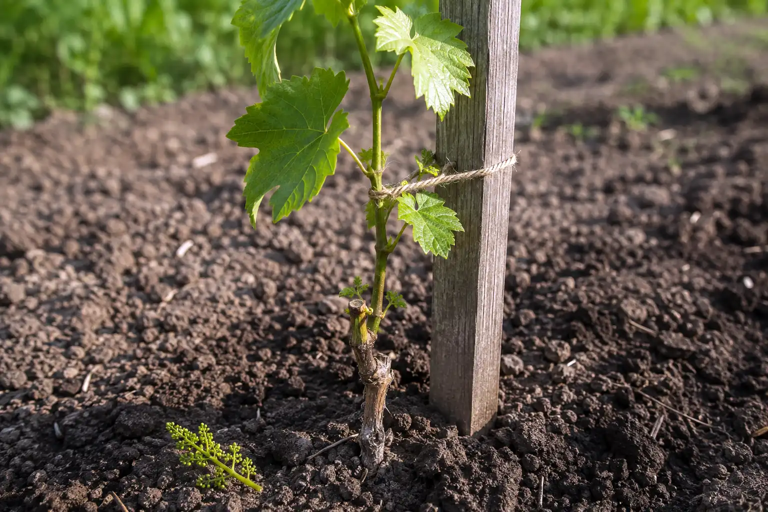 One shoot stays and ties to a stake to form a straight trunk in the first season, while every flower cluster comes off so the roots grow instead