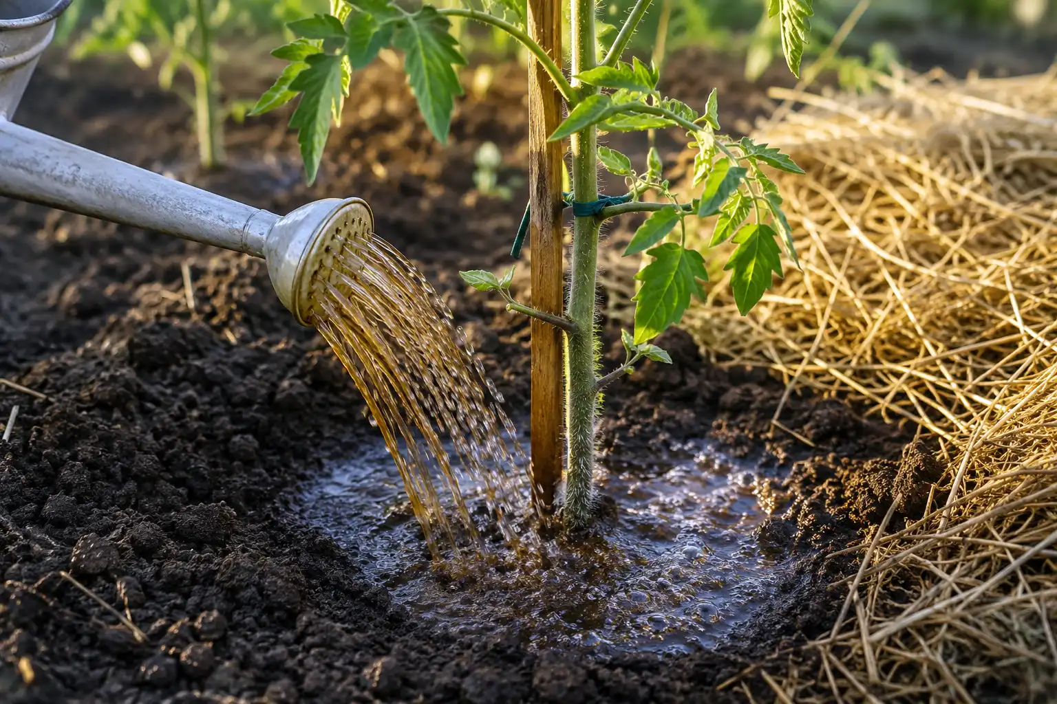 Diluted fish emulsion poured into a moist ring of soil around a young tomato stem with straw mulch pulled aside first.