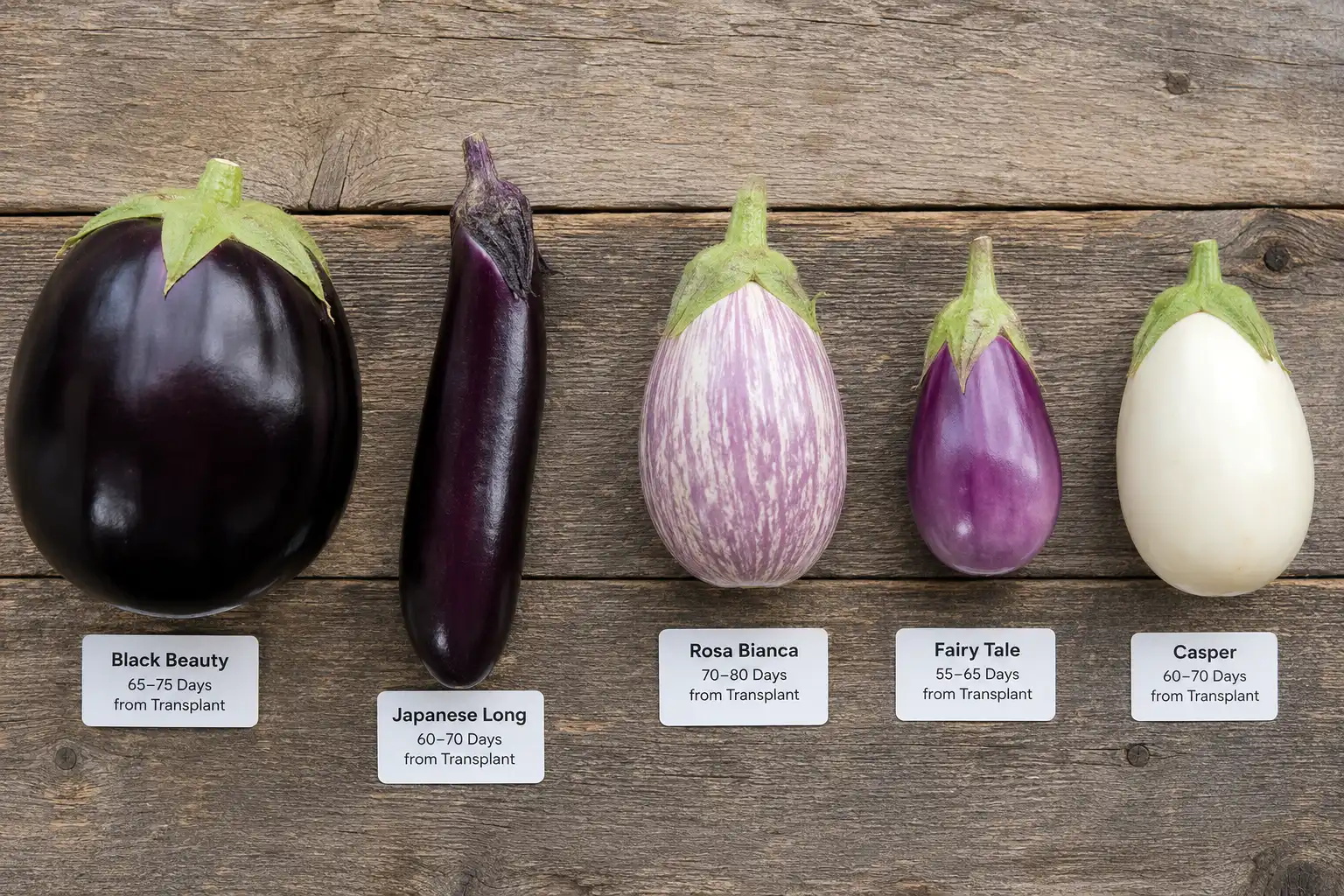 Five eggplant types laid side by side, from slender Japanese at 58 days to large Italian globe types at 85 days from transplant.