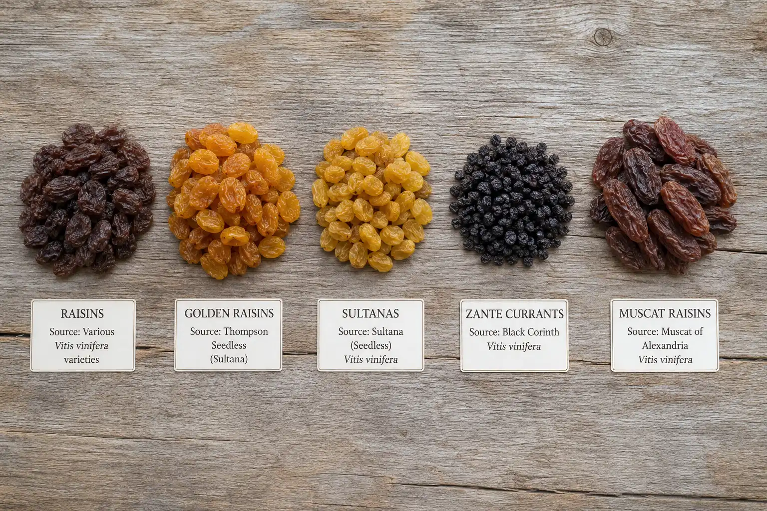 Dark raisins, golden raisins, sultanas, Zante currants, and Muscat raisins are all dried grapes, shown at true relative size with the source variety labeled under each pile