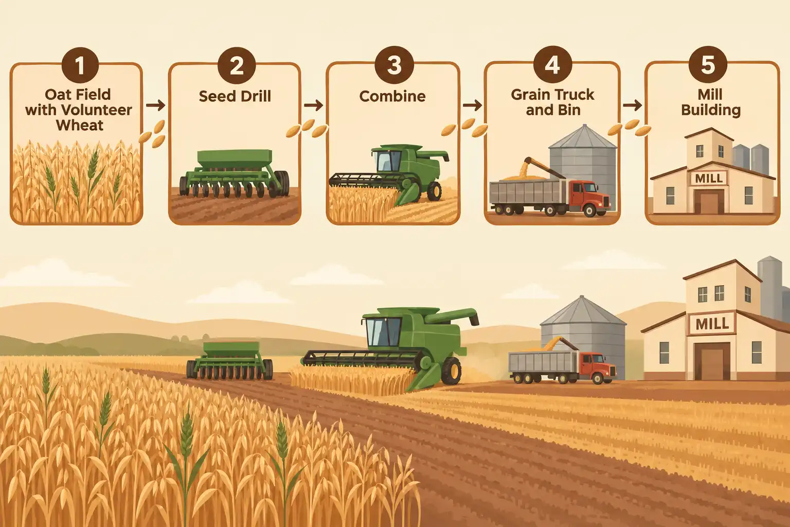 Wheat reaches oats through volunteer plants, shared drills, combines, trucks and bins, and shared mill lines rather than from the oat plant itself