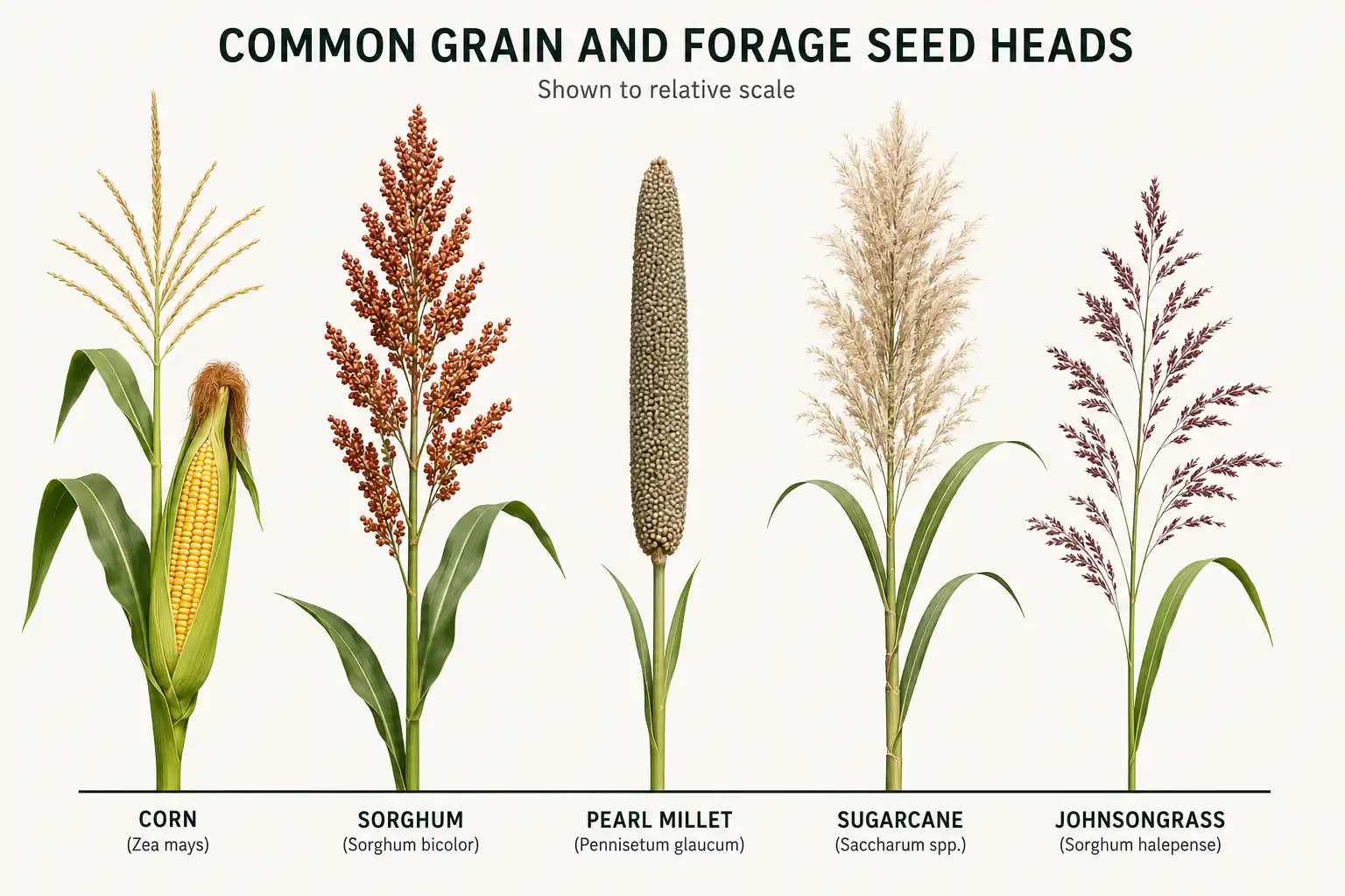 The seed head names the plant, since corn holds a husked ear while sorghum shows a branching panicle, pearl millet a cattail spike, and sugarcane a feathery plume.