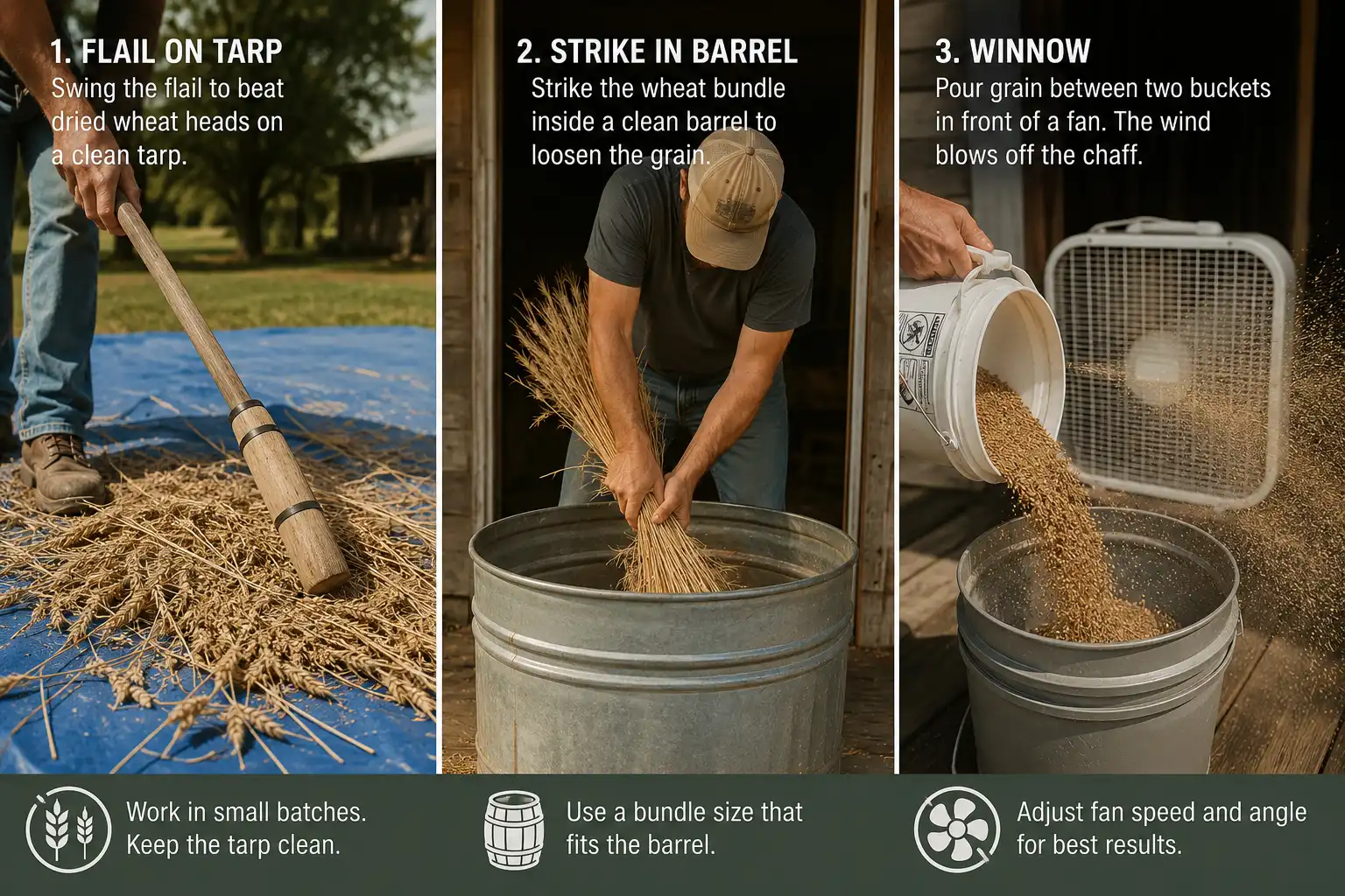 Threshing wheat by hand means flailing dried heads on a tarp or striking bundles inside a barrel, then winnowing the loosened grain in front of a fan so chaff blows away and kernels drop