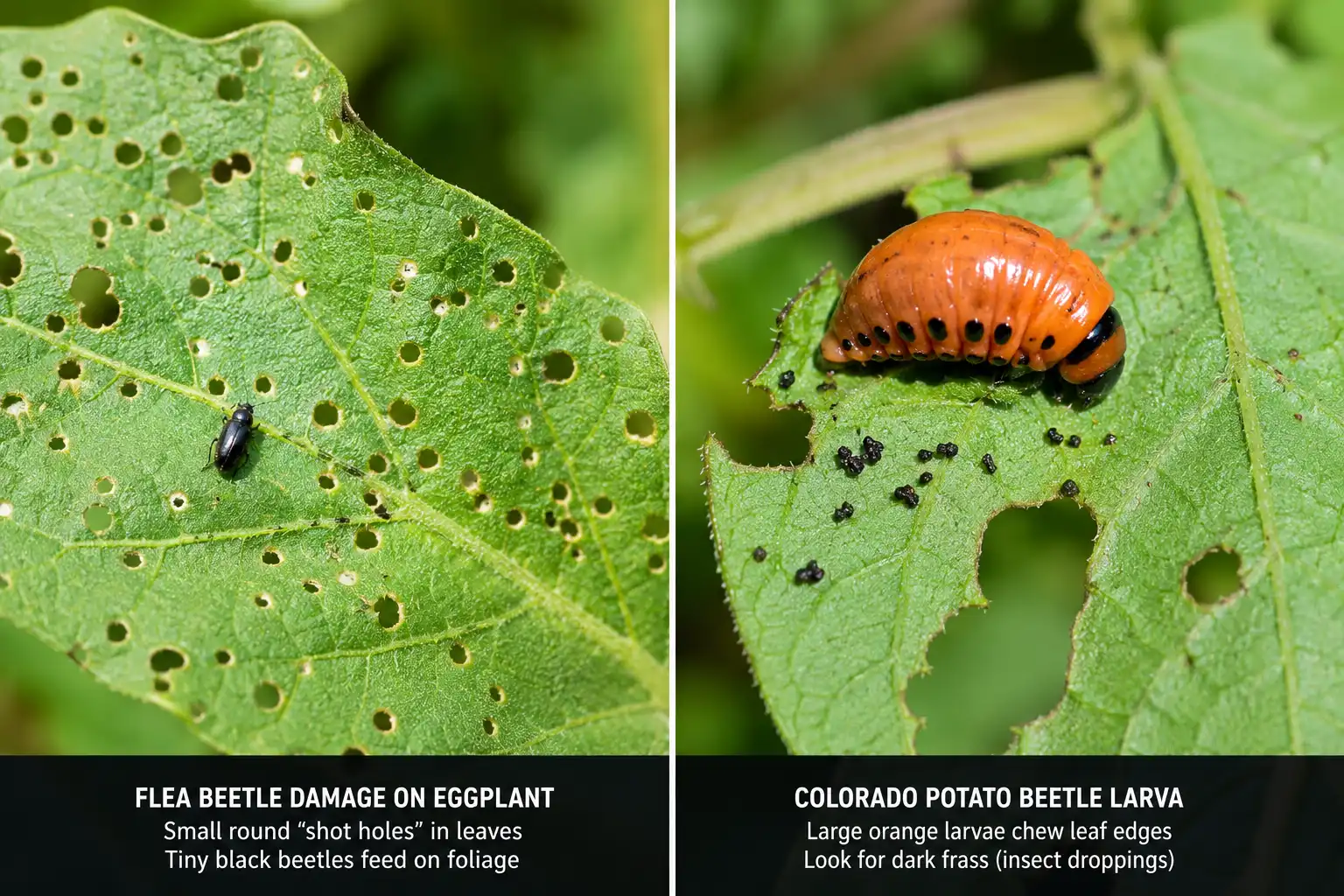 Eggplant leaf covered in small round flea beetle holes beside an orange Colorado potato beetle larva chewing along the leaf edge.