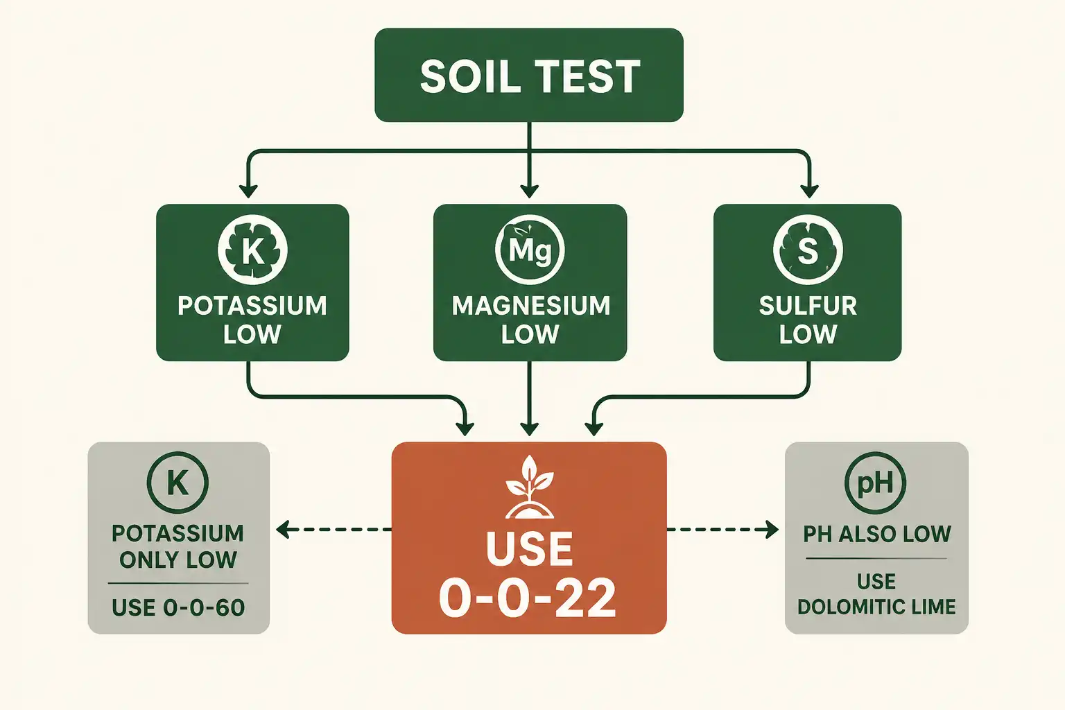 Use 0-0-22 when potassium plus magnesium or sulfur read low, choose 0-0-60 when only potassium is short, and pick dolomitic lime when pH needs raising too