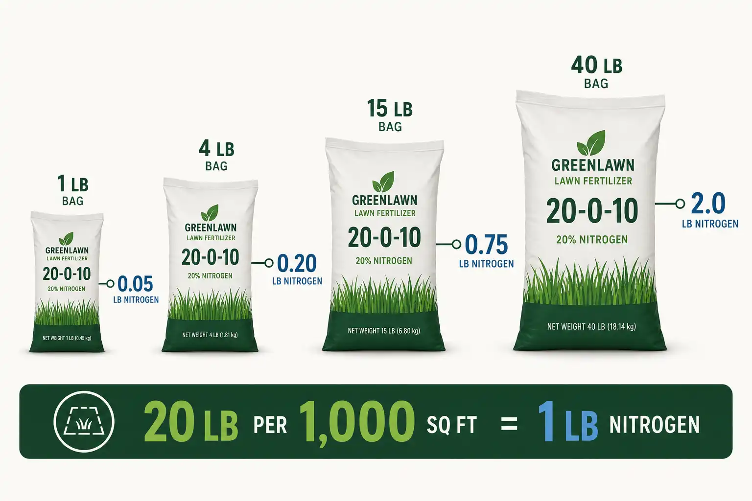 A 4 pound bag holds 0.20 pound of nitrogen and a 15 pound bag holds 0.75 pound, so spreading 20 pounds across 1,000 square feet supplies one pound of nitrogen