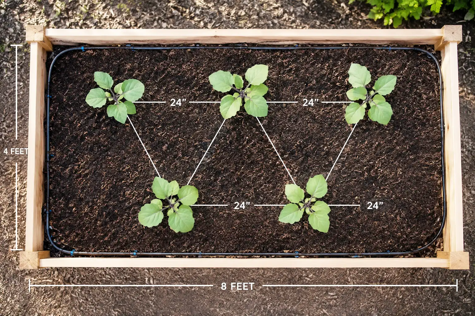 Overhead view of a 4 by 8 foot raised bed with six eggplant transplants staggered 24 inches apart on all sides
