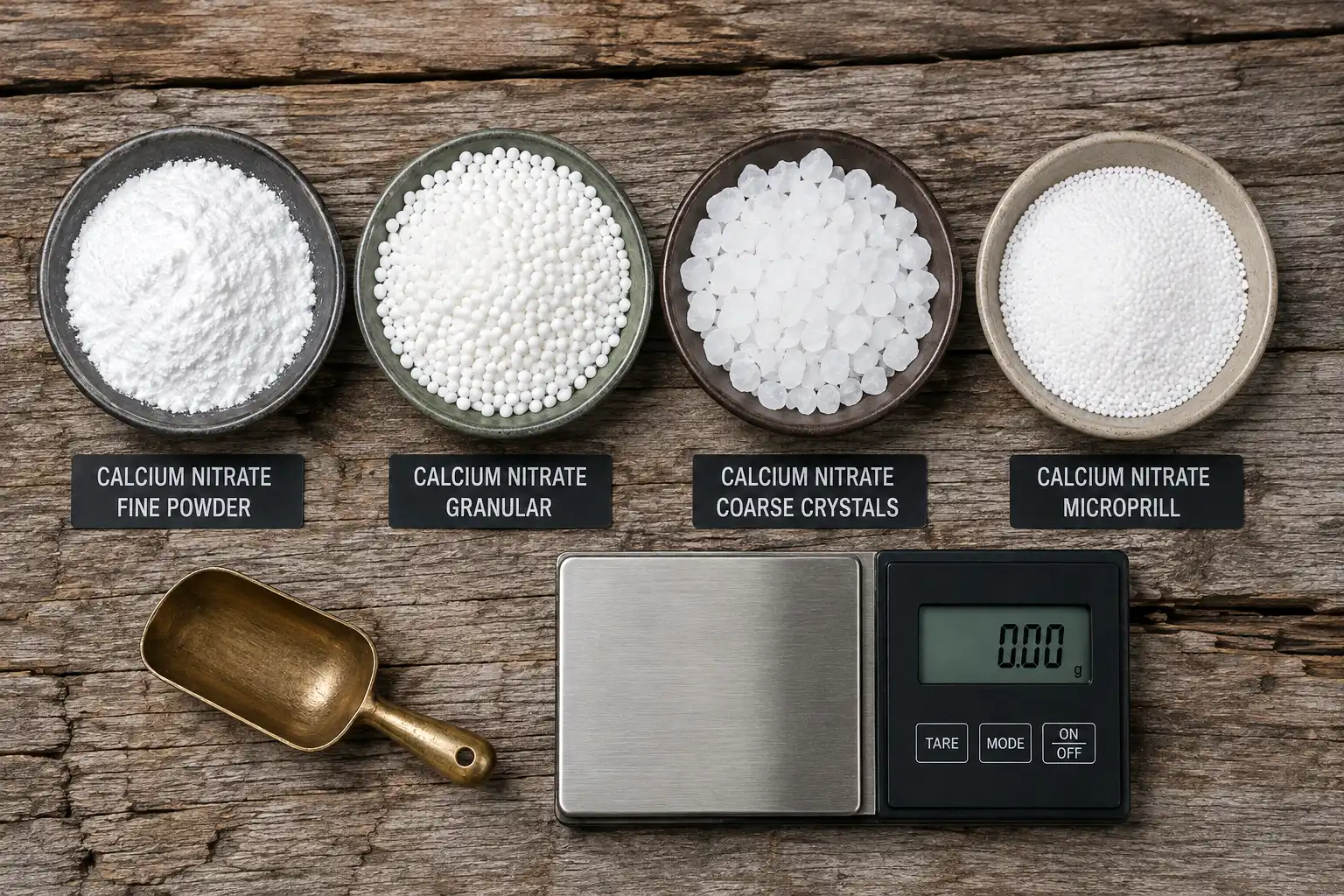 Calcium nitrate sells as powder, granules, crystals, and microprill, and the finer textures dissolve fastest in a reservoir or stock tank