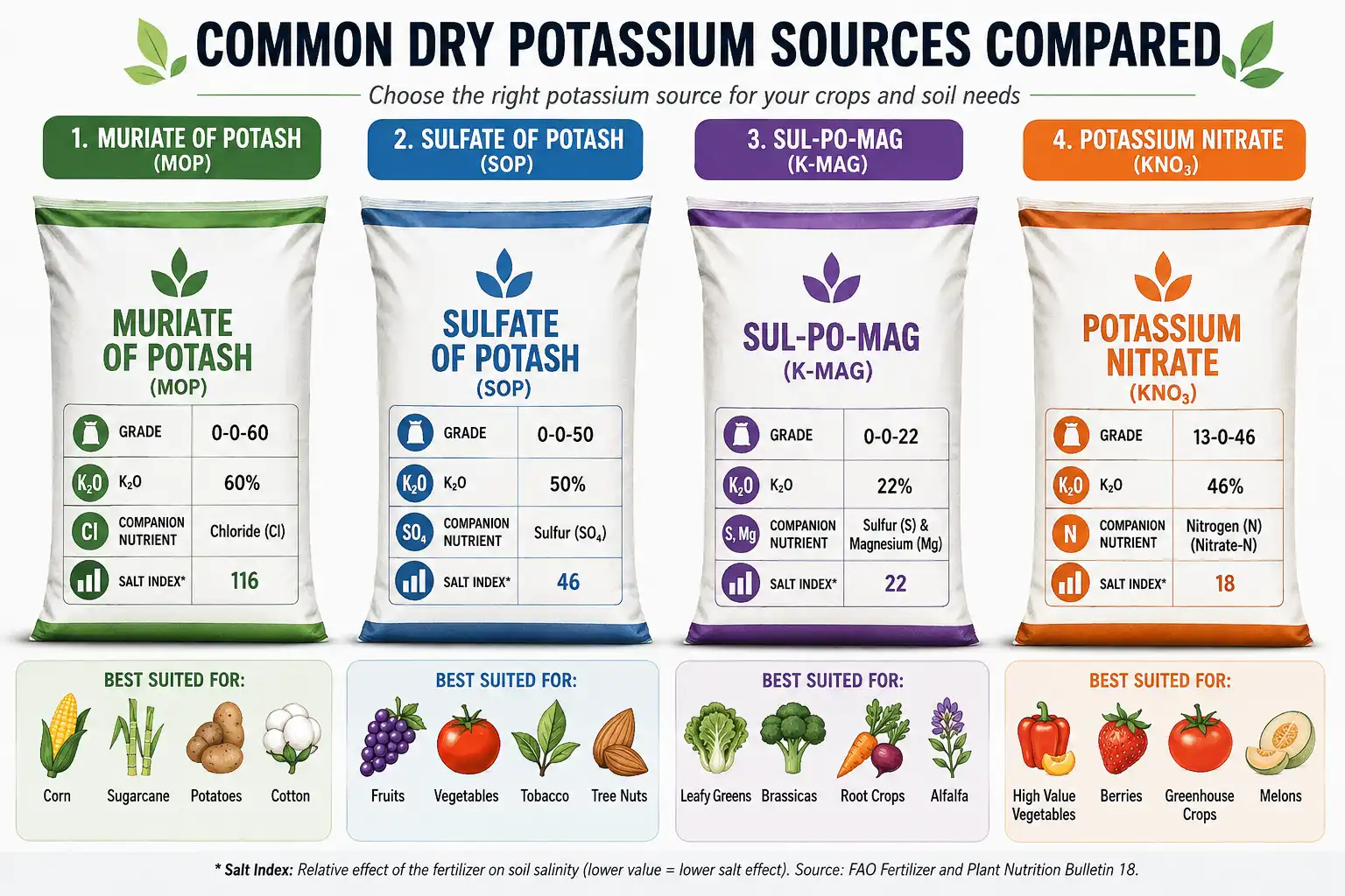 Comparison chart of muriate of potash, sulfate of potash, sul po mag, and potassium nitrate showing potash percentage, companion nutrients, salt index, and suited crops