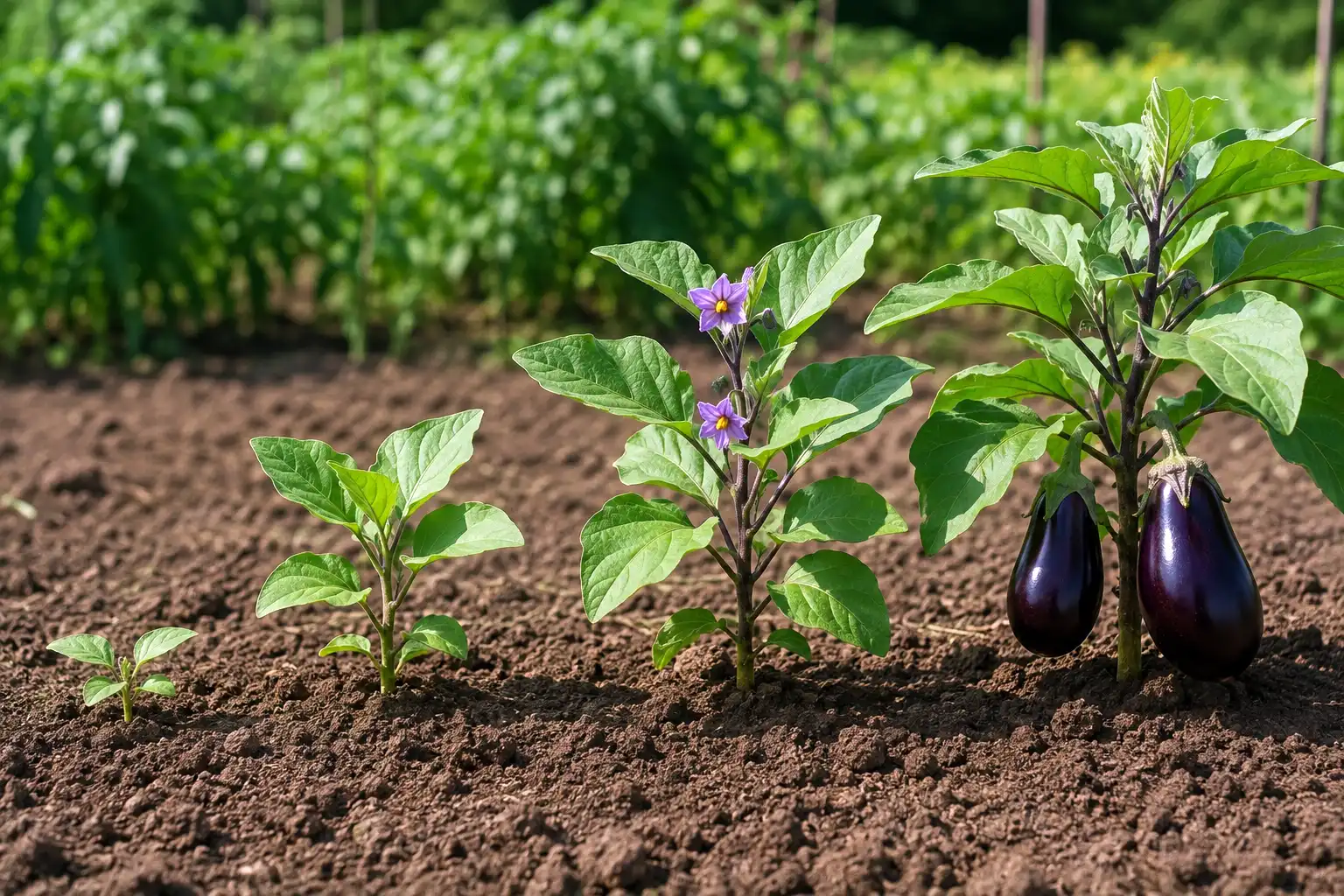 Four eggplant plants in a row progressing from a young seedling to a bushy plant with open purple flowers and glossy ripe fruit.