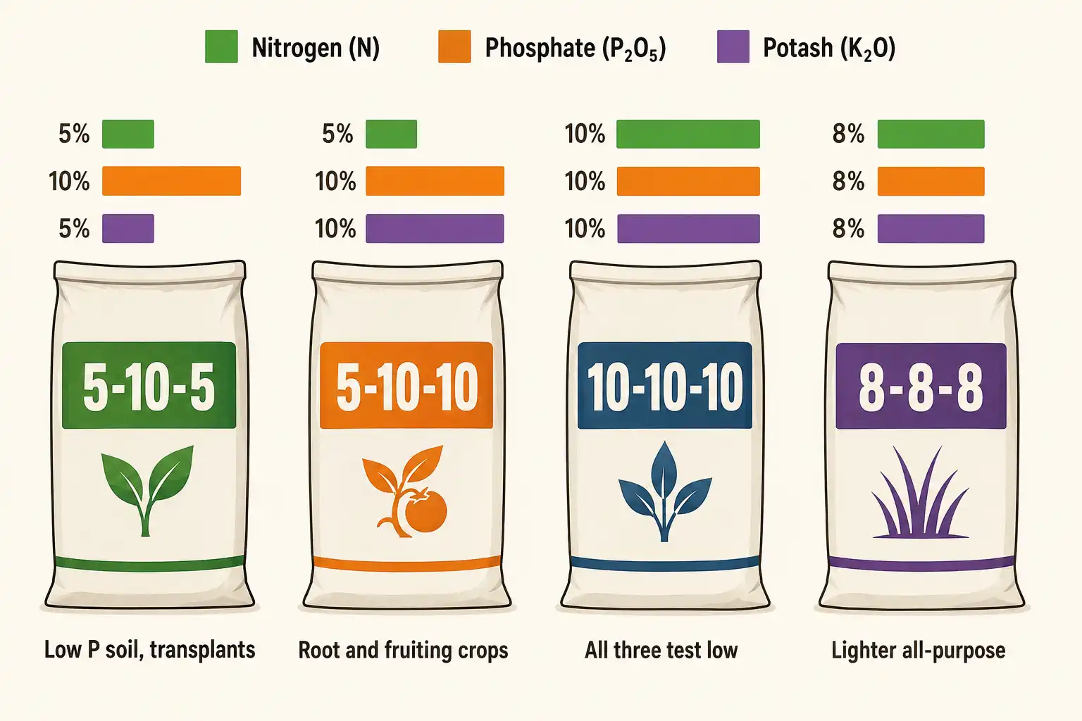 5-10-5 carries double phosphate with light nitrogen and potash, 5-10-10 doubles the potash for root crops, 10-10-10 feeds all three evenly, and 8-8-8 gives the same even ratio at a lighter rate