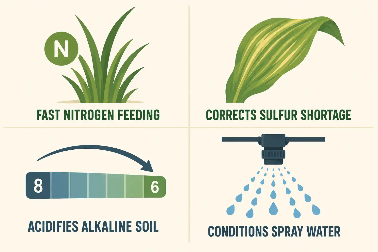 Four uses of ammonium sulfate on a farm: nitrogen feeding, sulfur correction, lowering soil pH, and conditioning spray water