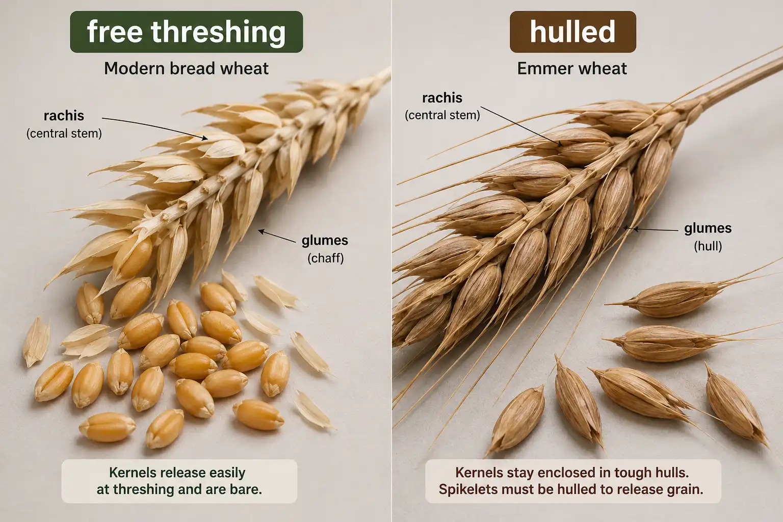Bread wheat releases bare kernels during threshing because its glumes are brittle, while hulled emmer breaks into spikelets that still hold the grain and need a separate dehulling step