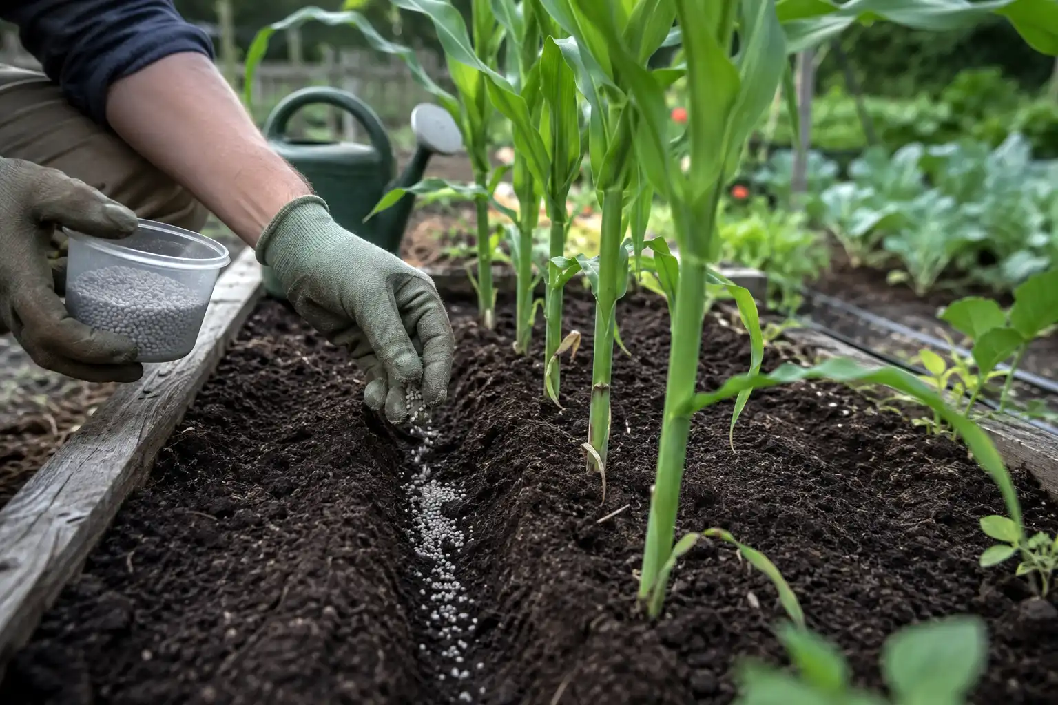 Gardener placing granular nitrogen in a shallow furrow four inches from knee high corn stalks, then covering and watering it in