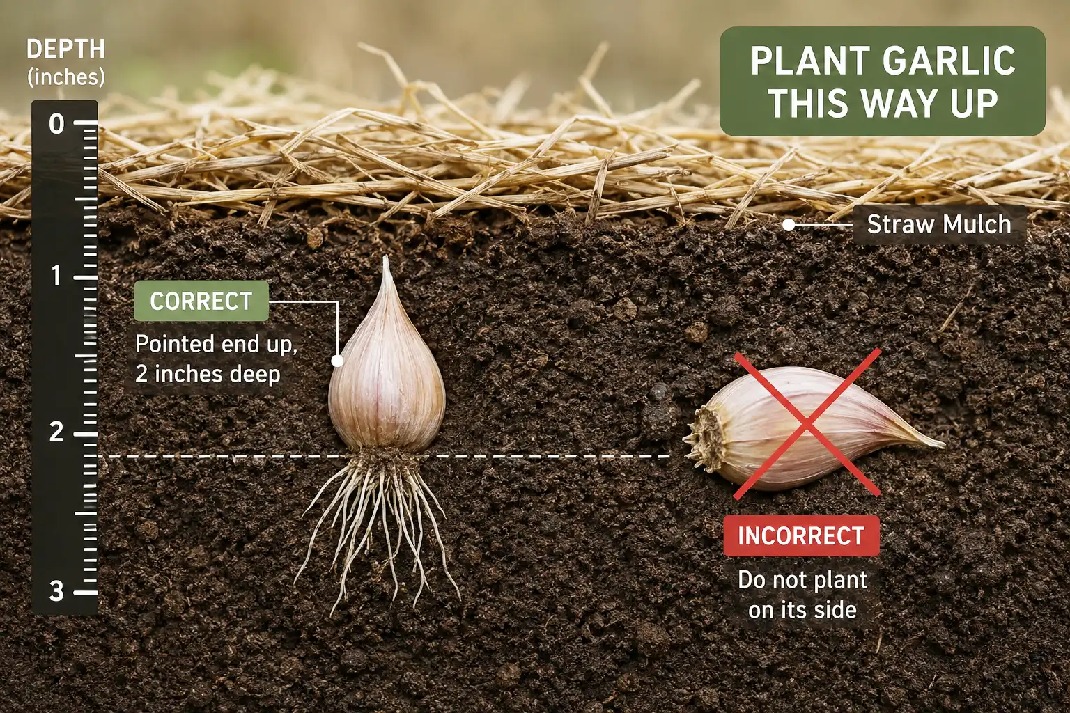 Garlic cloves are planted pointed end up with the flat root plate resting down at two inches deep, then covered with straw mulch