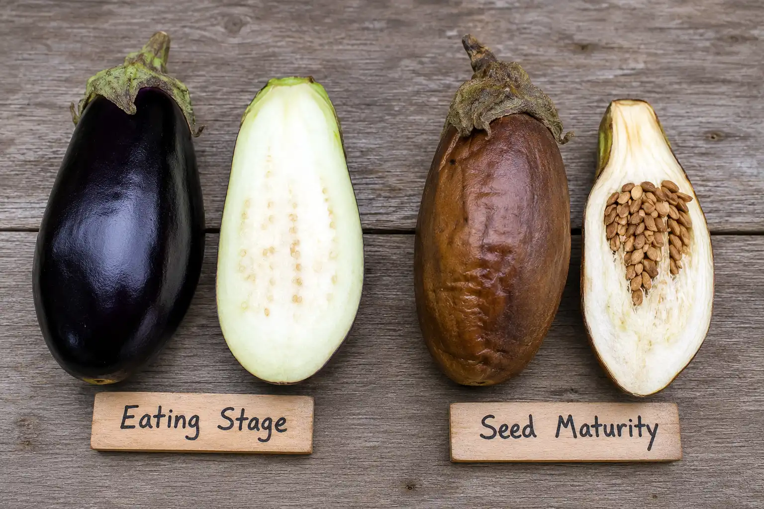 Comparison of a glossy purple eggplant with soft white immature seeds next to a dull bronze seed mature fruit packed with tan brown viable seeds at the blossom end