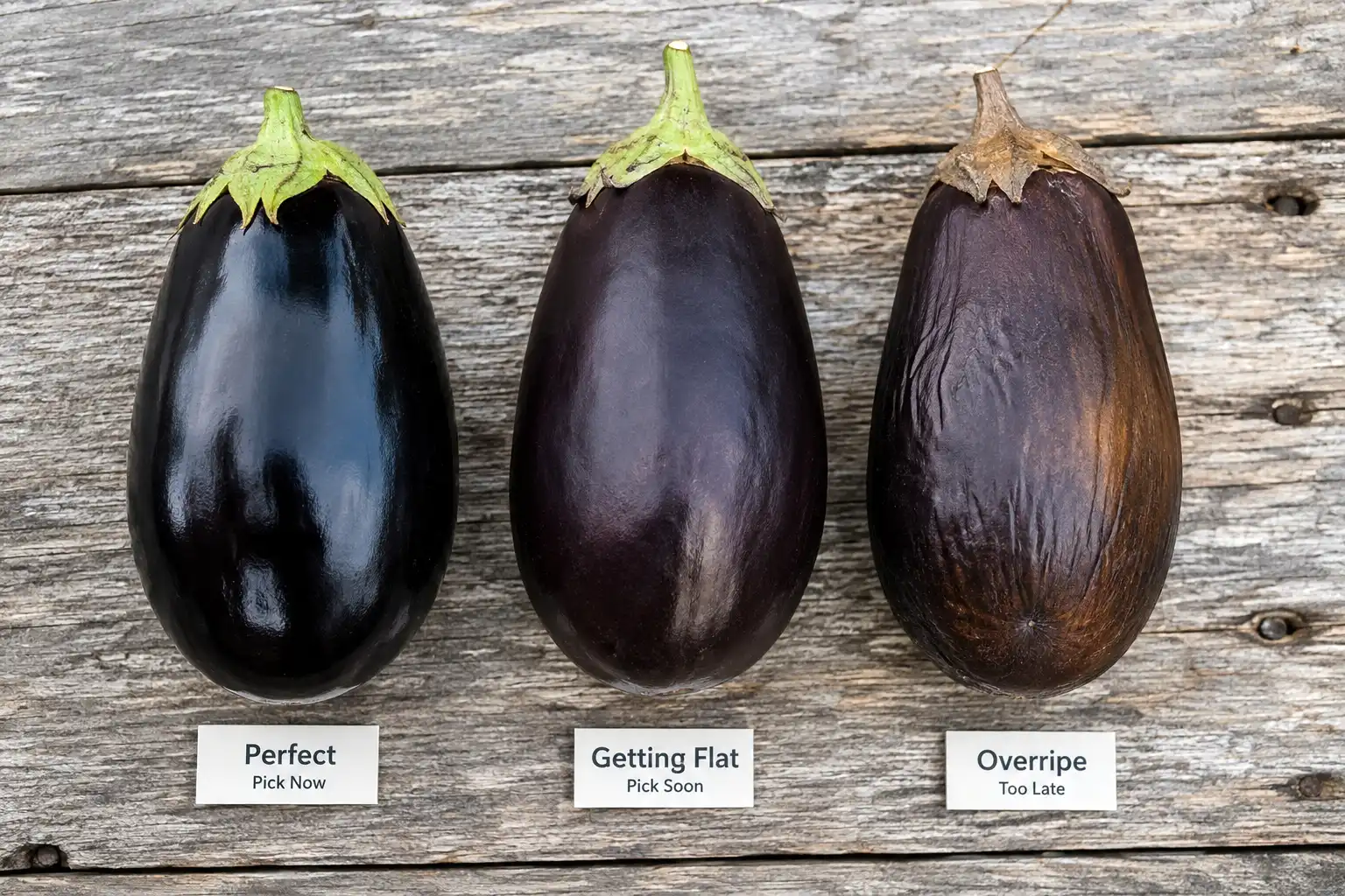 Three Black Beauty eggplants compared side by side showing mirror bright skin at picking stage, a dulling sheen just past prime, and bronzed wrinkled skin with a browning calyx
