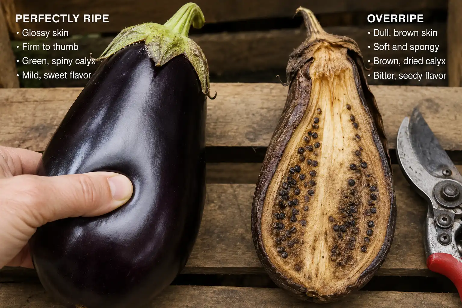 Glossy ripe eggplant springing back under thumb pressure beside a dull overripe fruit cut open to show hard brown seeds.