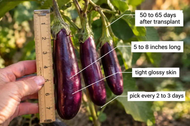 Japanese eggplant is ready 50 to 65 days after transplant at 5 to 8 inches long with tight glossy skin, picked every 2 to 3 days