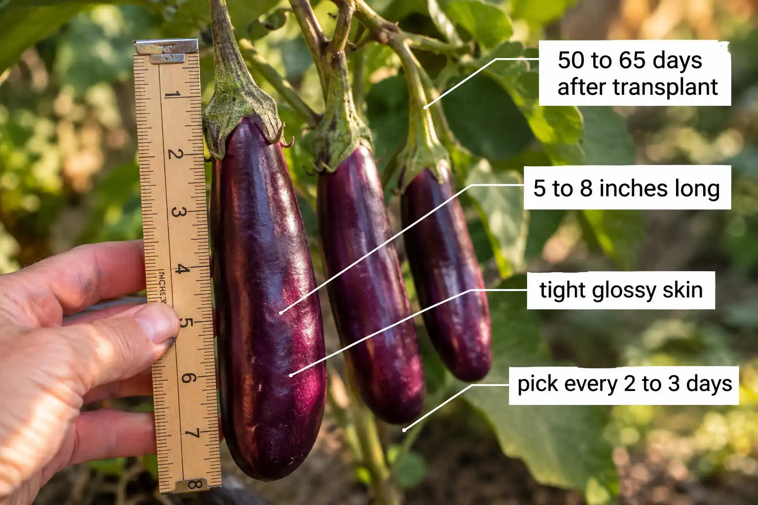 Japanese eggplant is ready 50 to 65 days after transplant at 5 to 8 inches long with tight glossy skin, picked every 2 to 3 days