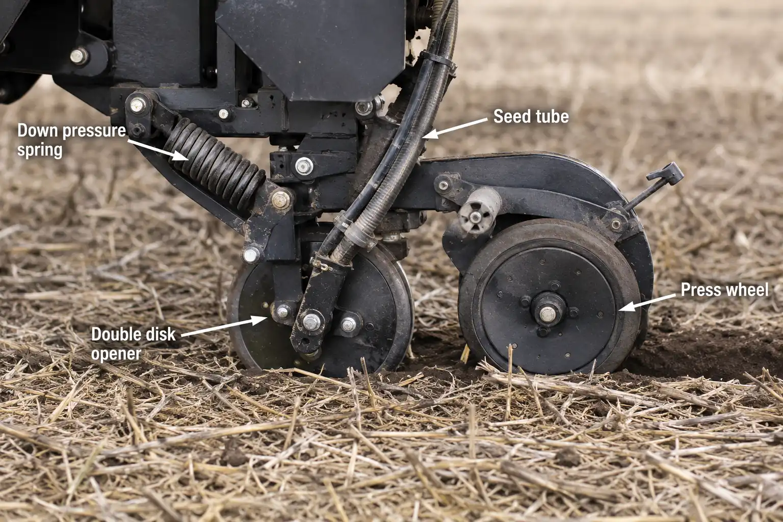 Grain drill opener assembly set tail down in stubble with labeled down pressure spring, double disk opener, seed tube, and press wheel closing the furrow